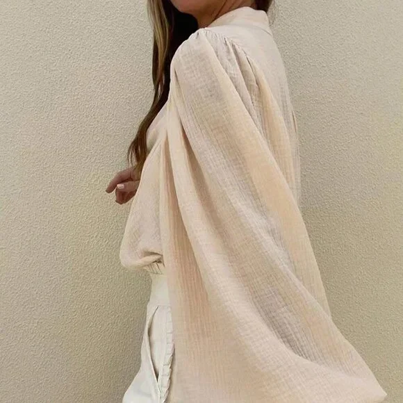 Apricot Casual Women's Lantern Sleeve Loose Shirt - Picture 2 of 4